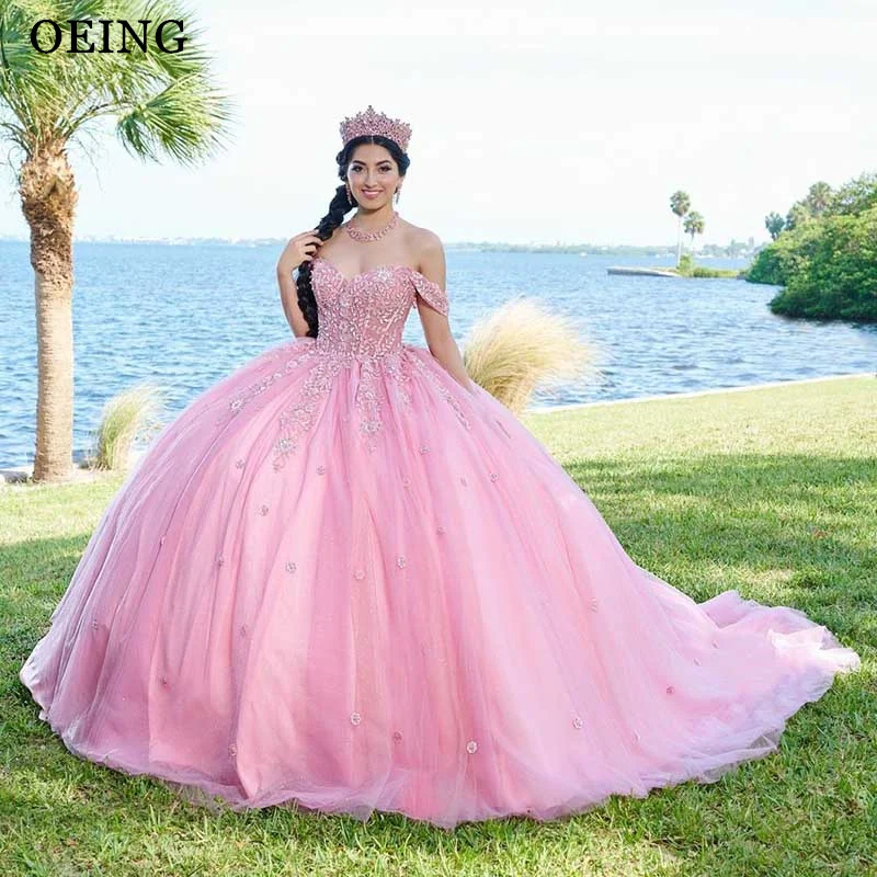 OEING-Quinceanera rosa vestido de baile do ombro com trem pequeno, vestido princesa do baile, apliques de renda, 15