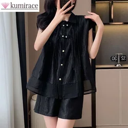 Women's Loose Fitting Casual Fashion Set Summer New Chinese Style Button Up Sleeveless Shirt and Shorts Two-piece Set for Women