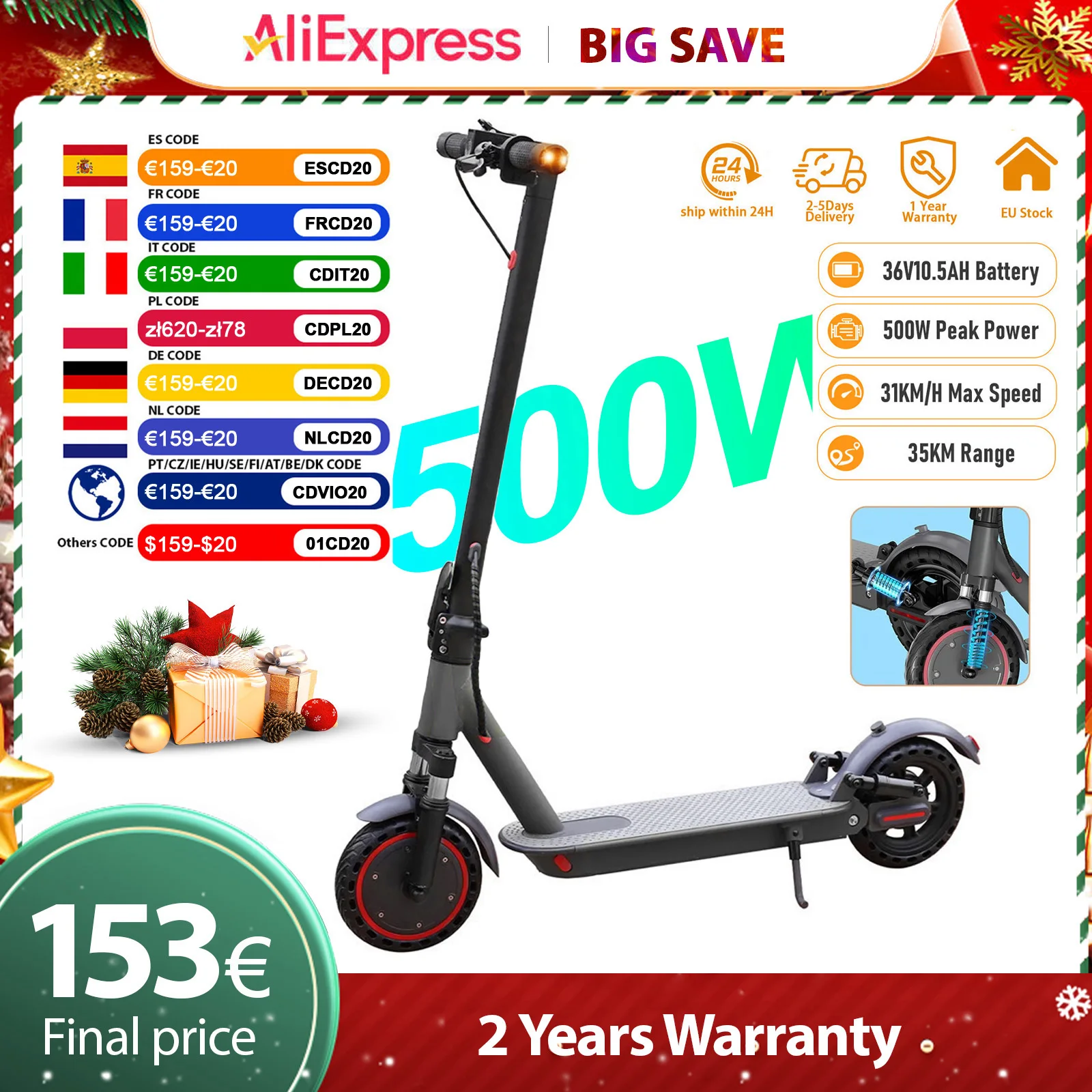 AOVOPRO TS07 Scooter elettrico per adulti 10.5AH 8.5 pollici Scooter elettrico a doppia assorbimento degli urti Portata 35KM Scooter 350W/500W