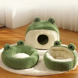 Plush Round Cartoon Frog Pet Cama, sono profundo, macio, respirável, casa, gato suprimentos, quente, conforto, cão pequeno, inverno