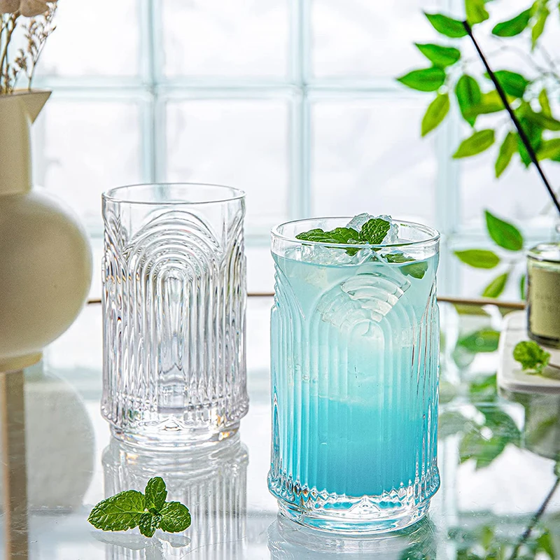 1-4PCS Ripple Vintage Glass Cups Glassware Highball Glass 15 Oz Classic Thick Bottom Cocktail Glasses For Drinking Mojito