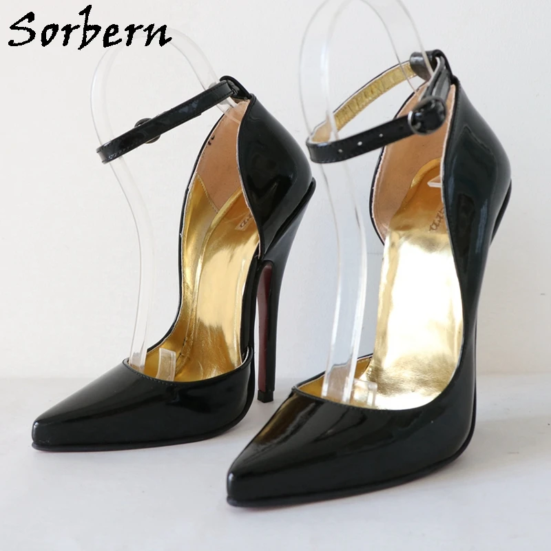 Sorbern Genuine Leather Women Pump D'Orsay Shoe 15Cm High Heel Stilettos Pointy Toes Thin Ankle Strap Sissy Boy Party Shoe Eu36