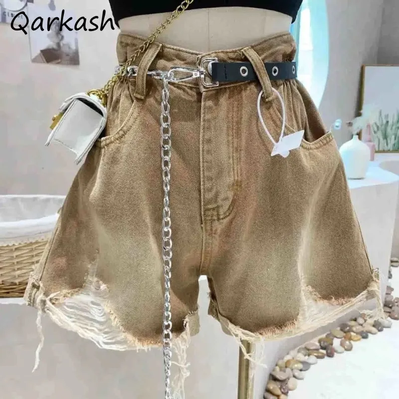 

Denim Shorts Women Ripped Raw Edge Designed Punk Style High Waist Summer A-line Cool Girls Loose Wide Leg Trousers Streetwear