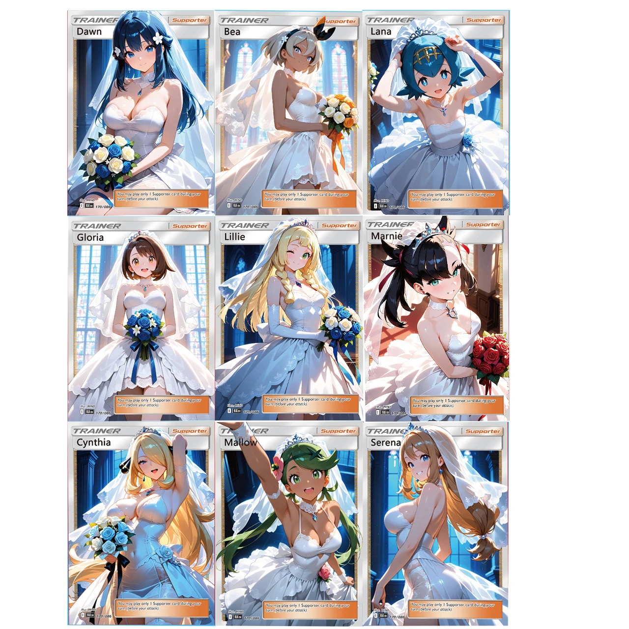 

Набор из 9 коллекционных карт PTCG: Серия «Фэнтези: Белая марля» (DIY) — Анимационные карты Лили, Синтии, Серены, Лана, Беа.