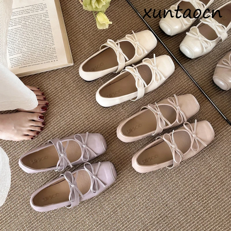

Retro Mary Jane Single Shoes Women's Spring 2026 New Style Square Head Low Cut Heightening Knot Fashion Flats
