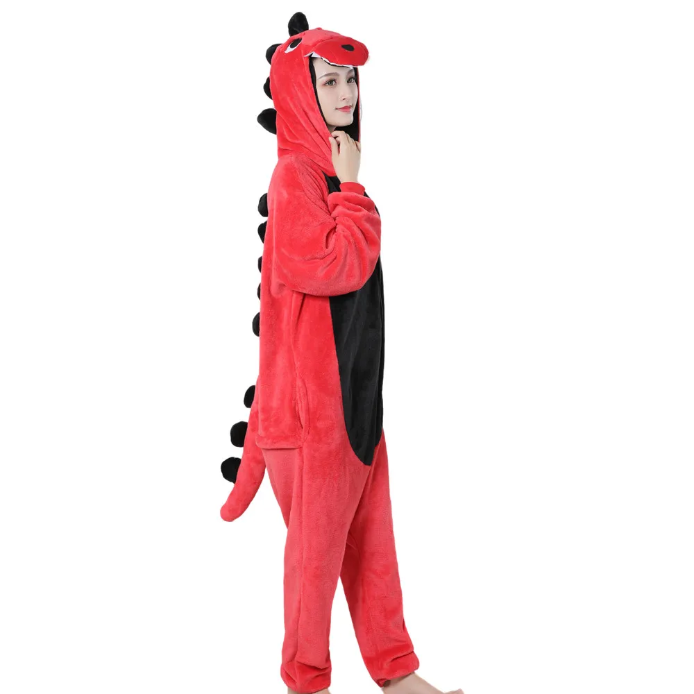 Red Tyrannosaurus Rex Dinosaur Kigurumi Animal Cosplay Costumes Adults Flannel Onesie One piece Pyjamas Halloween Carnival Party