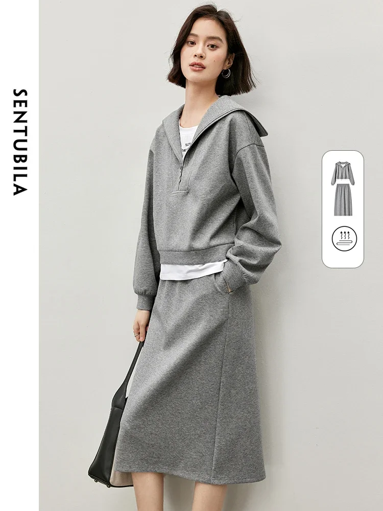 

SENTUBILA Women Sweatshirts and Skirt 2 Piece Set 2024 Autumn Cozy Casual Outfits 2 in 1 Top Slit Skirts Matching Set 143Z55328