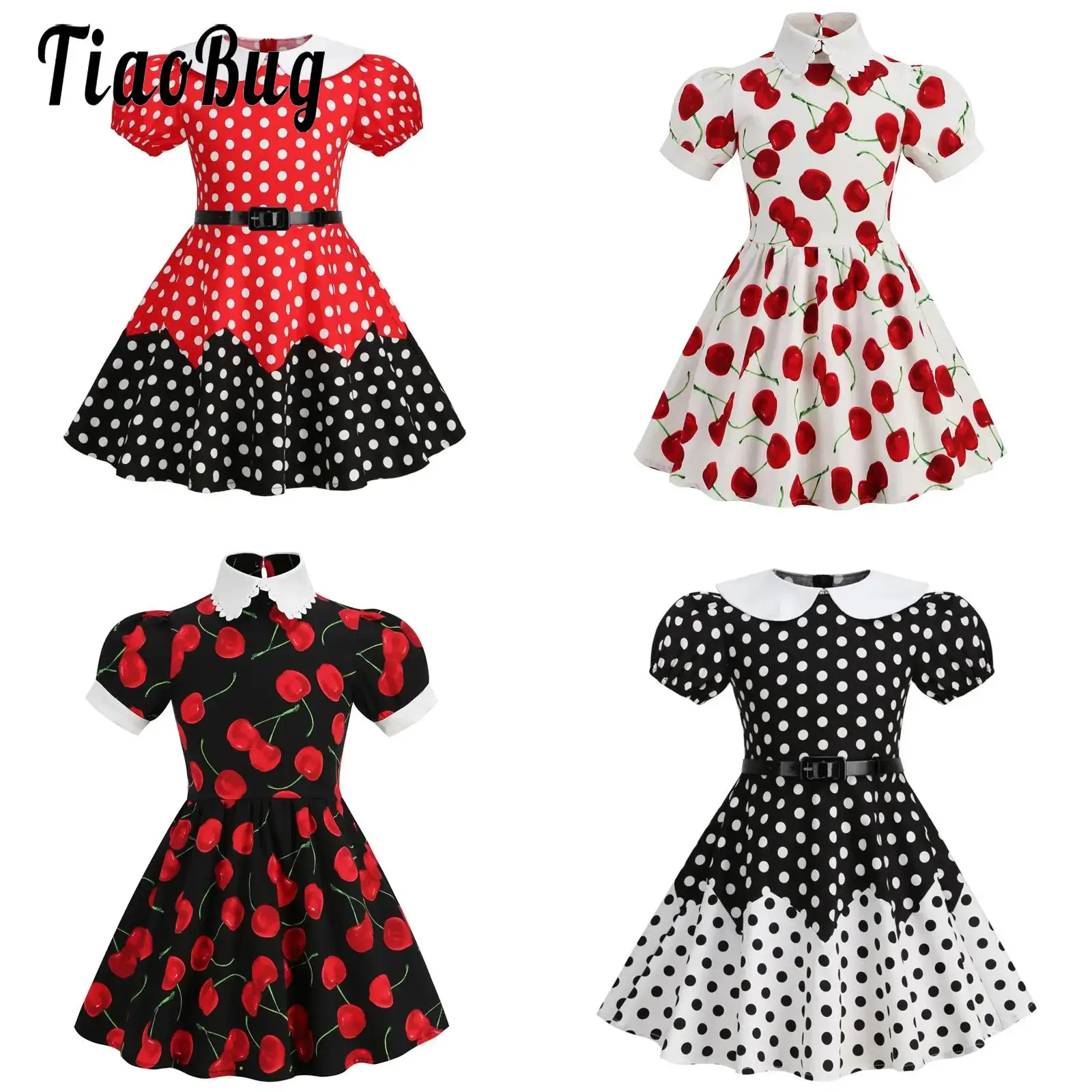 

Polka Dots Vintage Girls 1950s Swing Dress Flower Floral High Waist A-lined Tutu Dress Festival Party Performance Show Costume