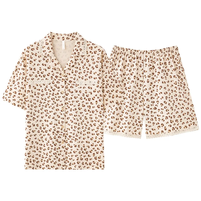 TXii Newlook Spring and summer pure cotton short sleeved pajamas women's pull-up cotton thin leopard print home clothing set