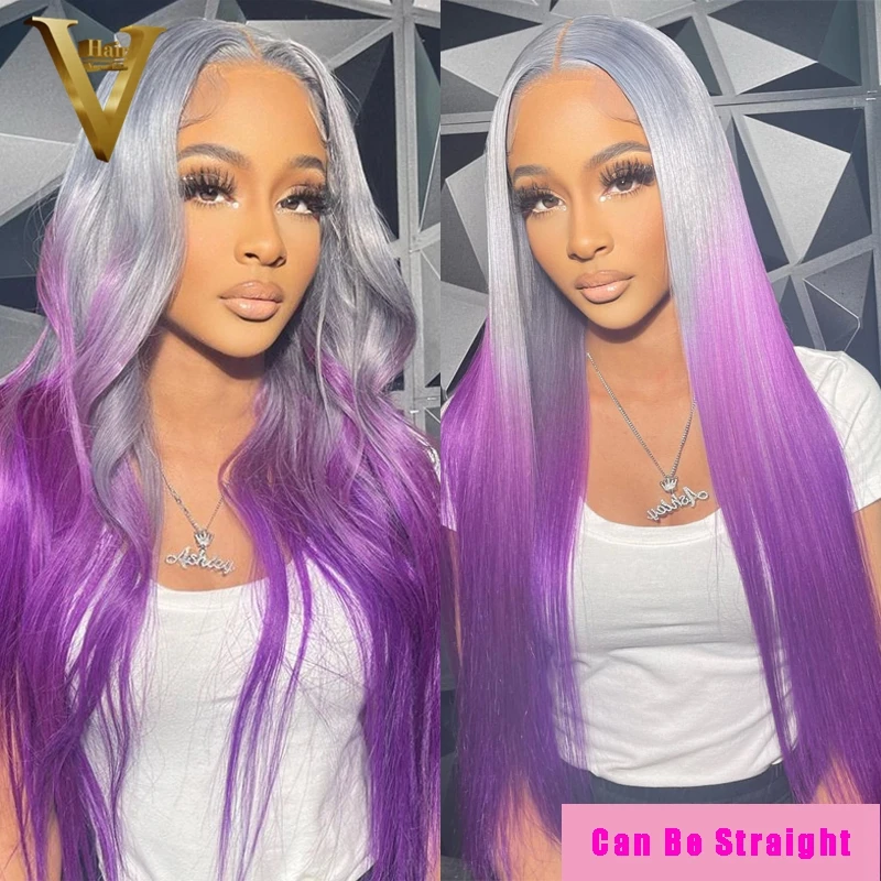 Peruca de cabelo humano brasileiro para as mulheres, cabelo liso, cor ombre, roxo, cinza, hd, onda do corpo, 613