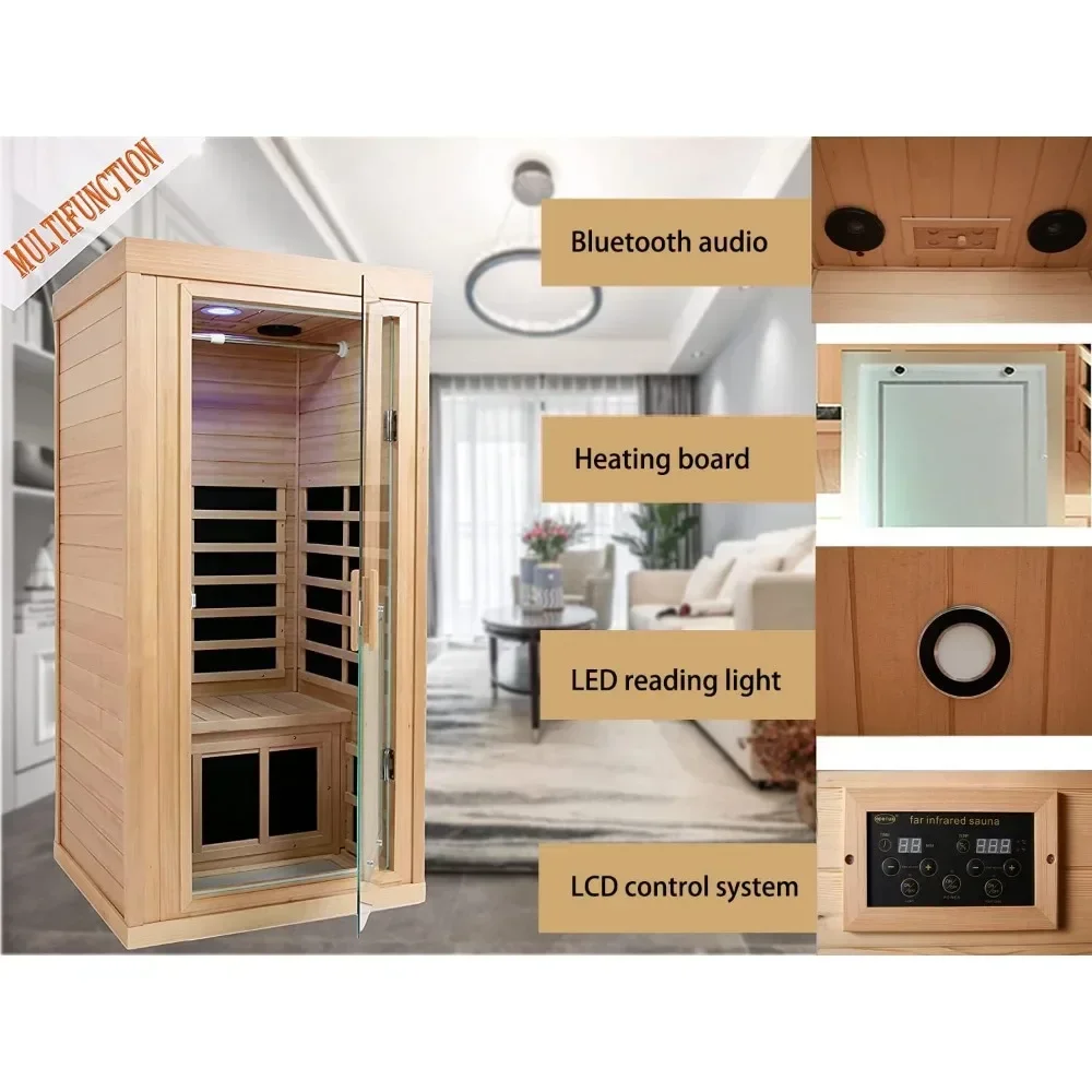 Sala de sauna infravermelha distante, sauna doméstica, sauna interna para 1 pessoa, 1,350 watts, hemlock canadense, lâmpada de leitura LED, controle de display LCD