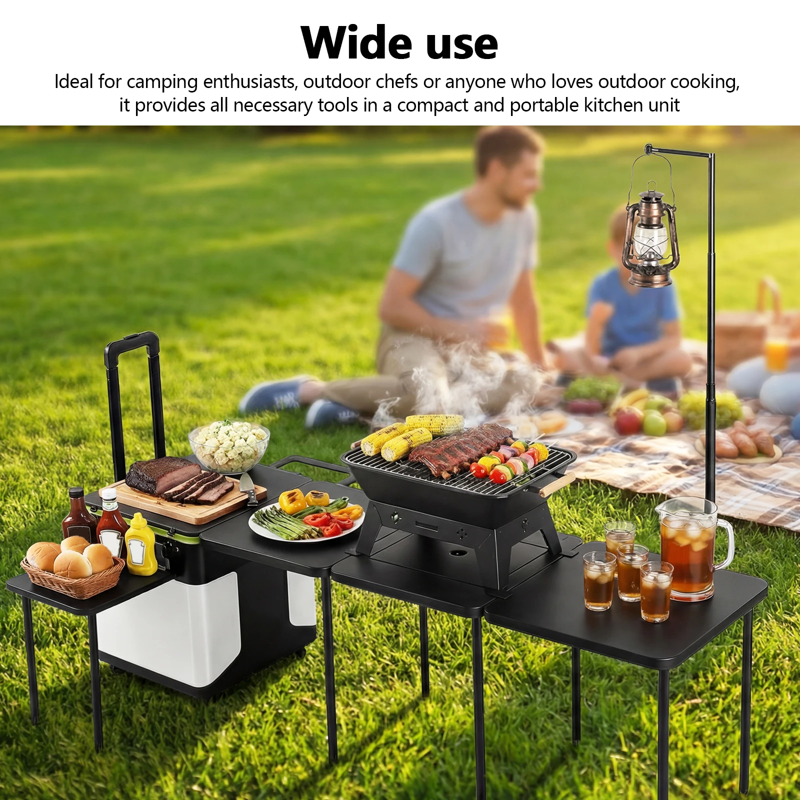 

Portable Folding Kitchen Table with Wheels Outdoor Grill Cart Table with Light Poles for Picnic Party Beach BBQ Cooking Indoor