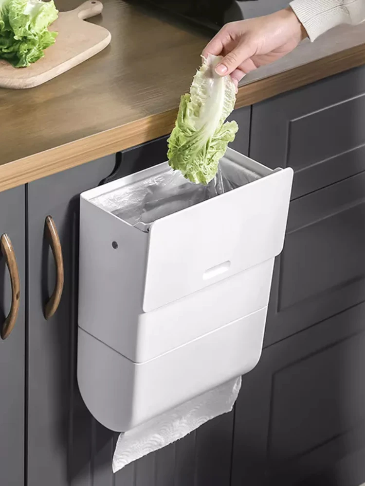 

2 In 1 Detachable Kitchen Hanging Trash Can with Tissue Box Cabinet Door Wall-mounted Garbage Bin Trash Bag Bracket Waste Bucket