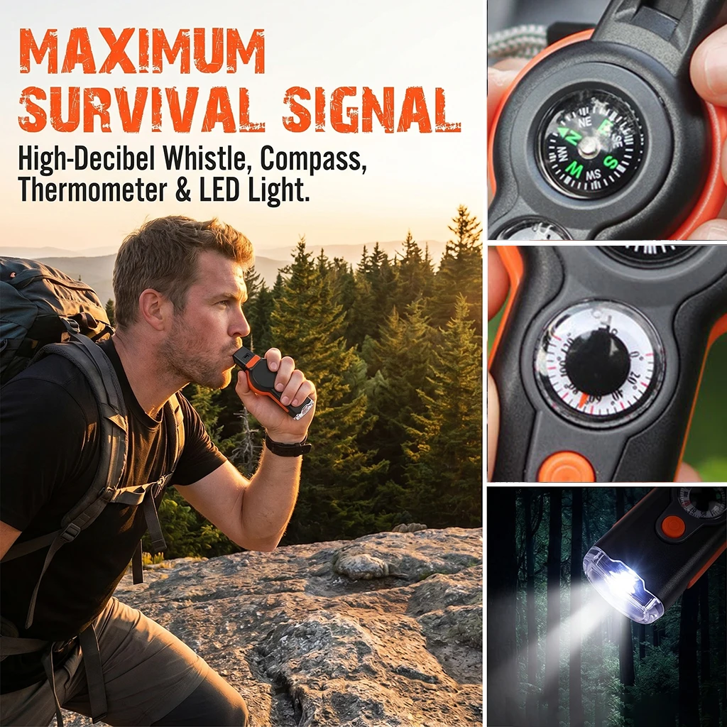 

7-in-1 Survival Whistle with Compass Thermometer LED Light Magnifier for Camping Hike Emergency Durable Multifunctional Whistle