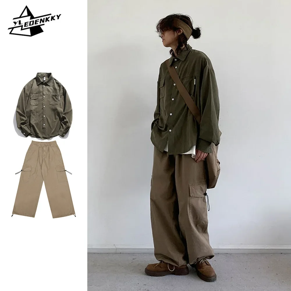 Japanese Street Set Men Women Vintage Multi-pocket Suede Baggy Shirt+Casual Straight-leg Wide-leg Cargo Pant Unisex Simple Suit