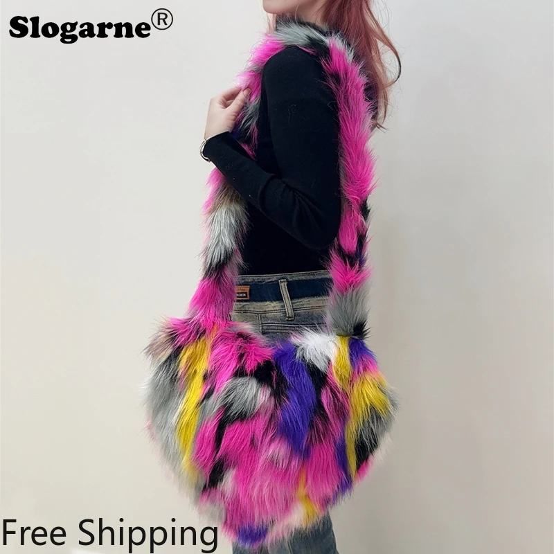 

Winter Faux Fur Shoulder Bag Women 2024 Fashion Heart Shape Artificial Fox Fur Crossbody Bag Zebra Pattern Soft Fluffy Handbags