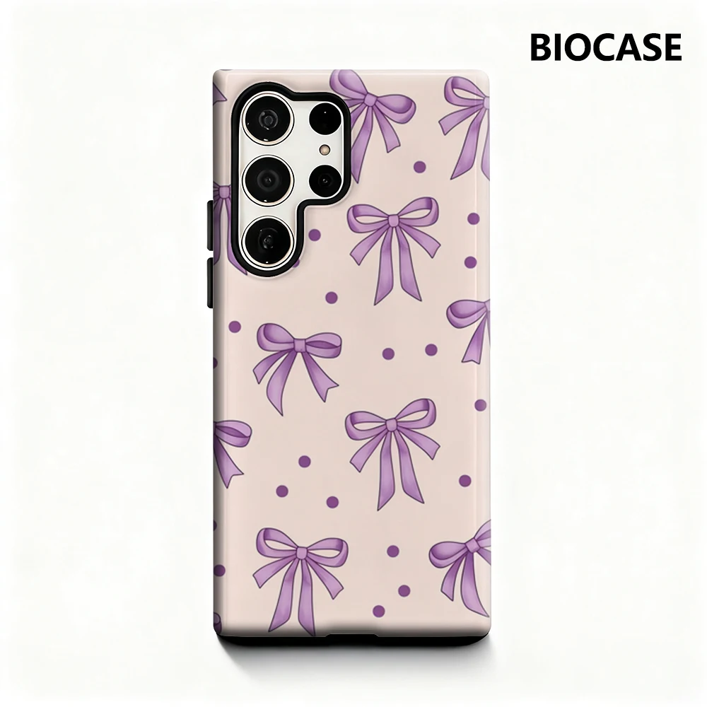 Lila Schleifen Handyhülle für Samsung Galaxy S25 Ultra S24 S23 Ultra Plus Glänzende doppellagige Rückseite