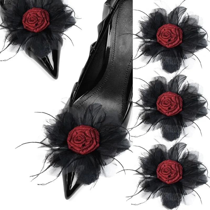 Dark Gothic Thorn Rose Blossoms Feather Embellished DIY Craft Hair Accessories Shoe Flowers Fashion Accessories Bulk