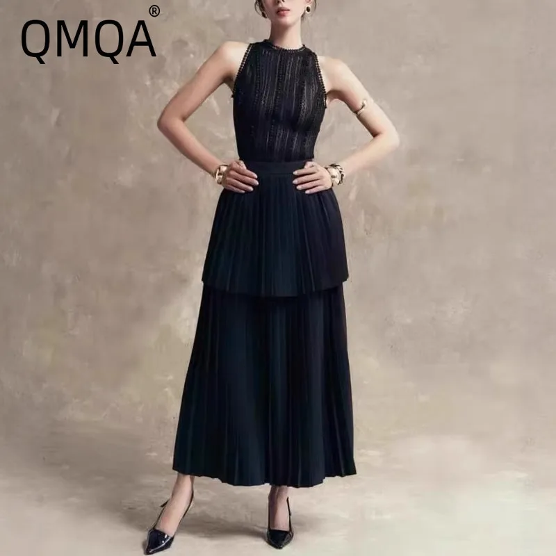 

QMQA Модный женский кружевной плиссированный комплект из 2 предметов с круглым вырезом, короткий жилет без рукавов, топ, юбки с высокой талией, комплект 2025, женский новый QM816
