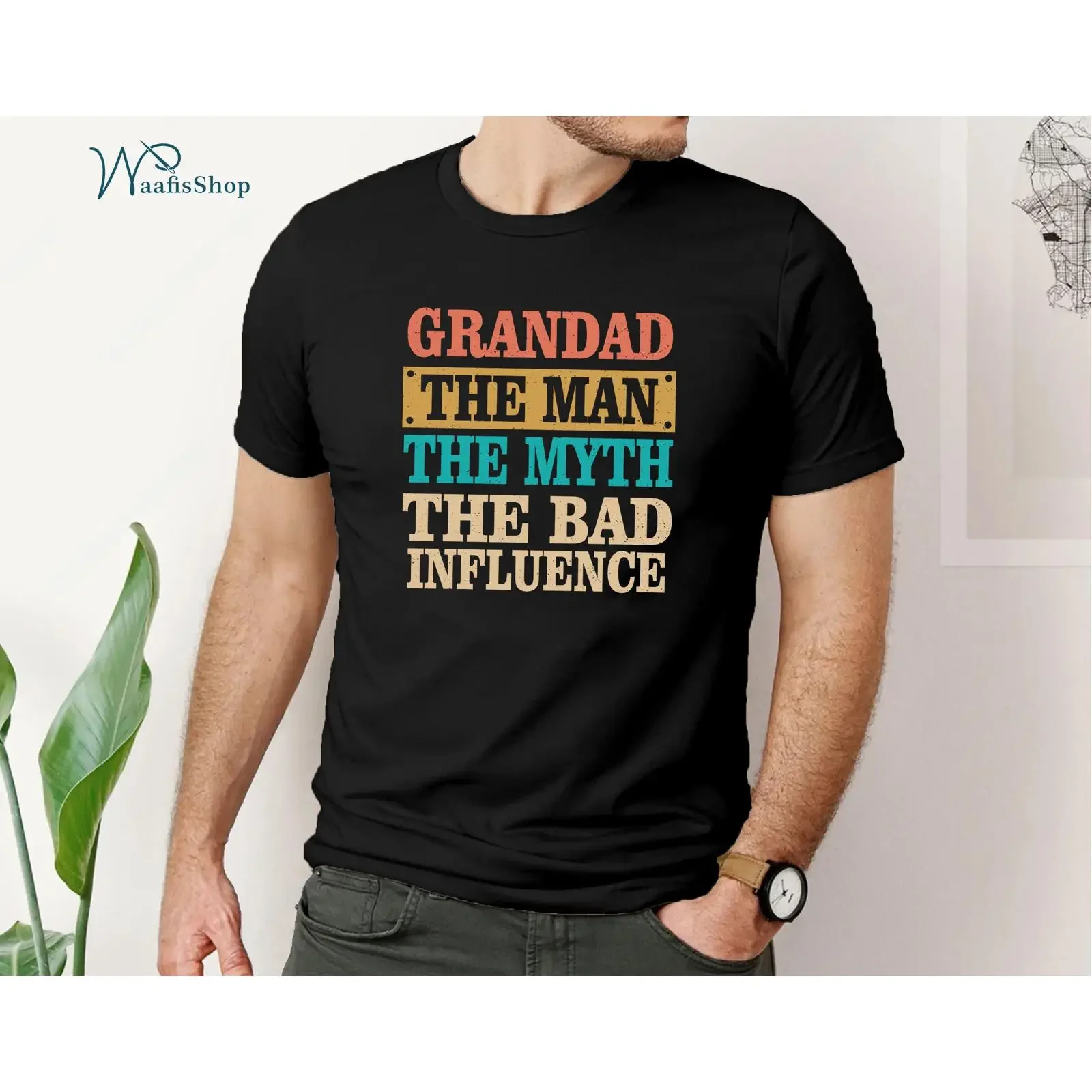 Grandad The Man Myth Bad Influence T Shirt Funny Father's Day Casual Grandpa for Grandfather vintage Washed