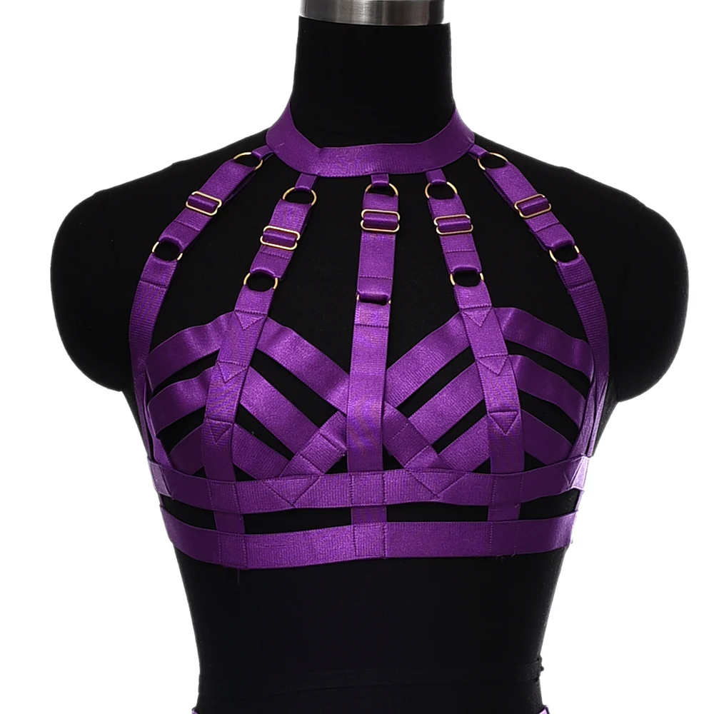 

Women Purple Body Harness Bra Hollow Out Bondage Sexy Lingerie Punk Goth Fashion Body Cage Pole Dance Rave Harness Belt