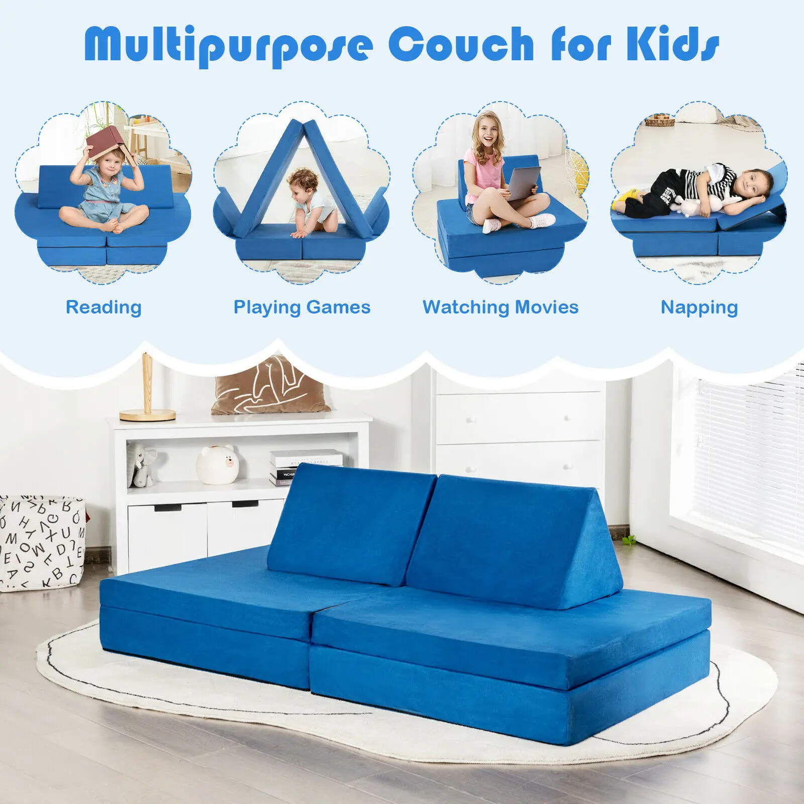 4-Piece Convertible Kids Couch or 2 Chairs Toddler to Teen Sofa and Play Set  HV10116BL