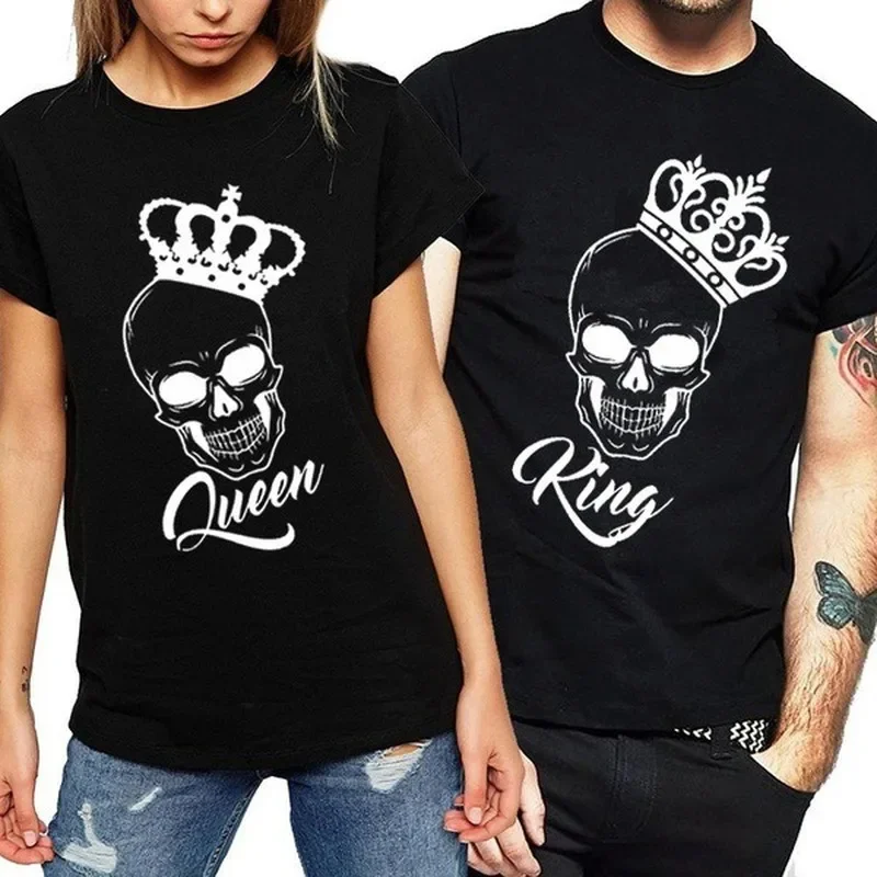 King Queen Couples T Shirt Skull Crown Printing Harajuku Clothes Summer T-shirt Women Man Casual O-neck Tops Lovers Tee Shirt