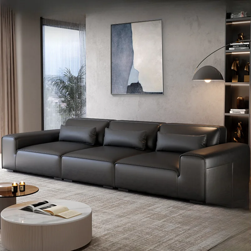 

Frameless Large Black Leather Sofa Comfortable Relax Living Room Small Apartment Italian Square Straight Row Sofa Furniture