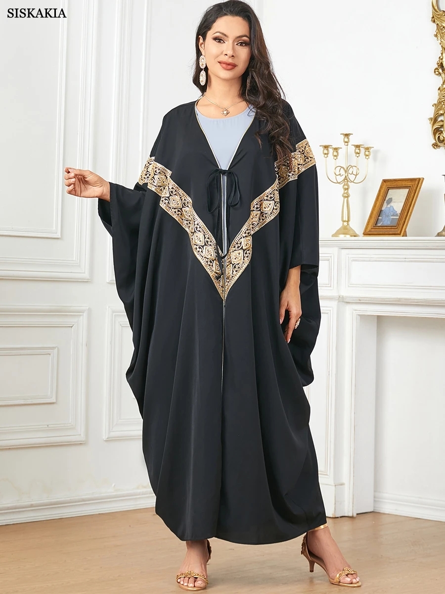 Siskakia Luxury Open Abayas For Muslim Female Moroccan Caftan Woman Batwing Sleeve Fashion Elegant Loose Long Evening Dress