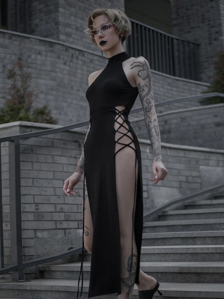 Hohe Split Sexy Verband Frauen Kleider Y2K Mall Gothic Halter Schlank Midi Kleid Schwarz Grunge Stil Alt party