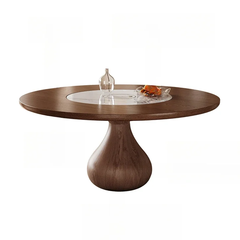 

Medieval solid wood dining table household size apartment with induction cooker vegetable warming turntable round