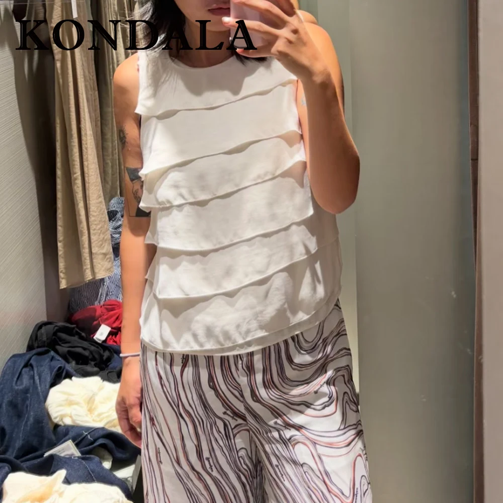 

KONDALA шикарный элегантный коричневый 2025 многоуровневый женский жилет с круглым вырезом, прямой уличный жилет, модные женские элегантные топы без рукавов на пуговицах