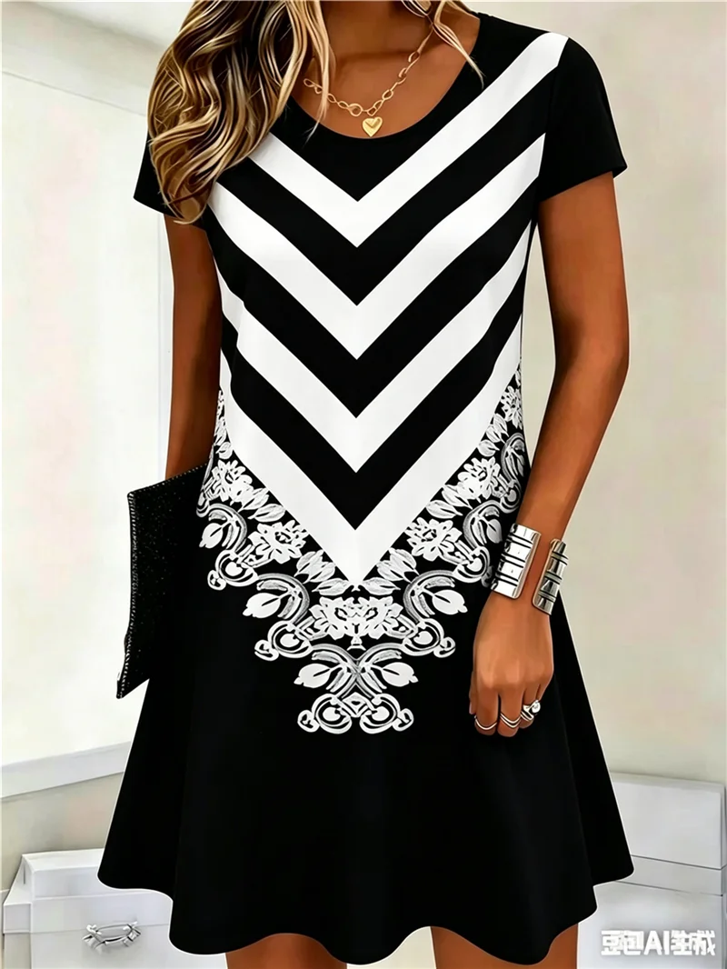 Fashion Striped Simple Women Mini Dresses Summer Short Sleeve 3d Printed Street Ladies Dress 3XL Plus Size Loose Casual Dress