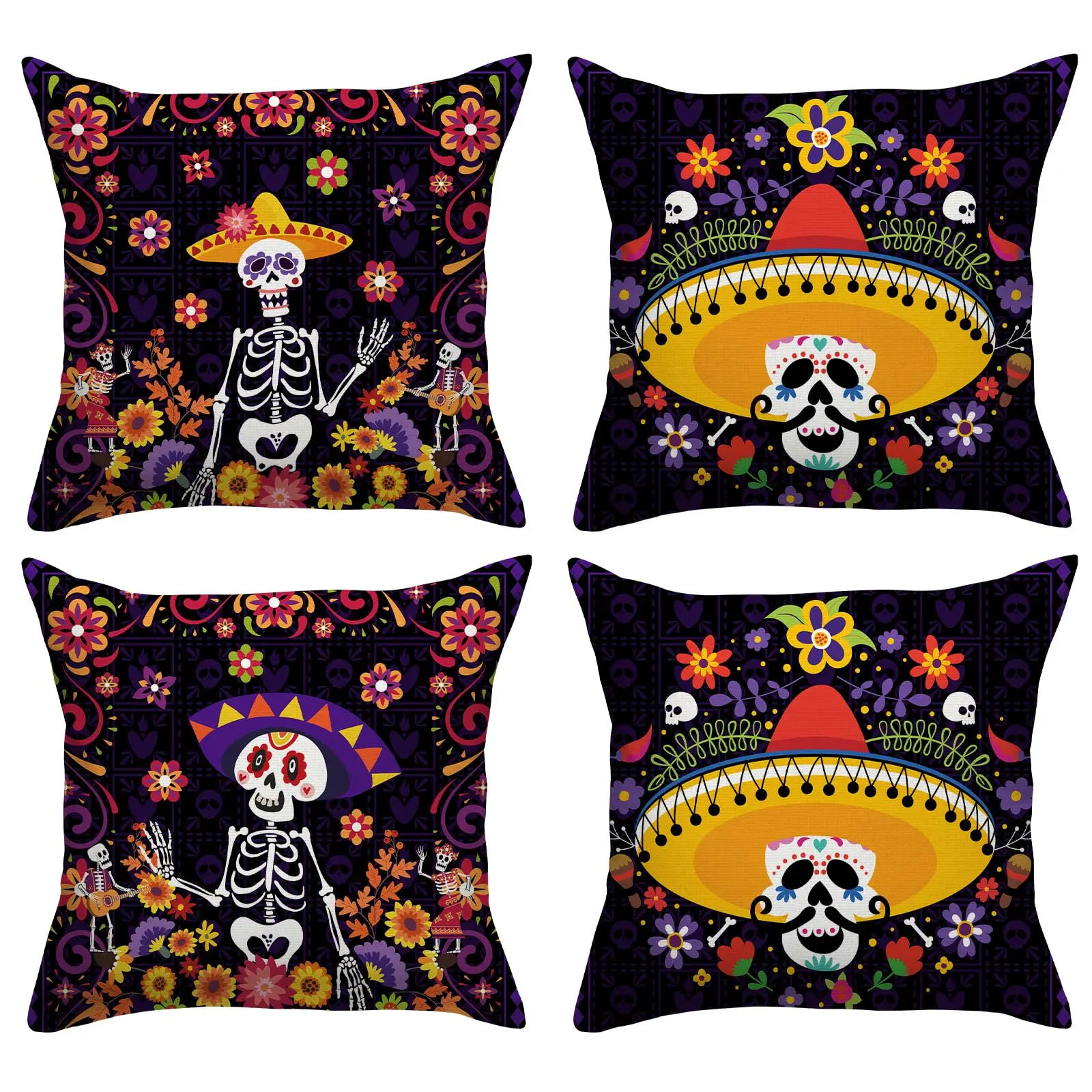 

Day of The Dead Pillow Covers Dia De Los Muertos Sugar Skull Flower Throw Pillow Covers 18x18 Set of 4 Pillow Case