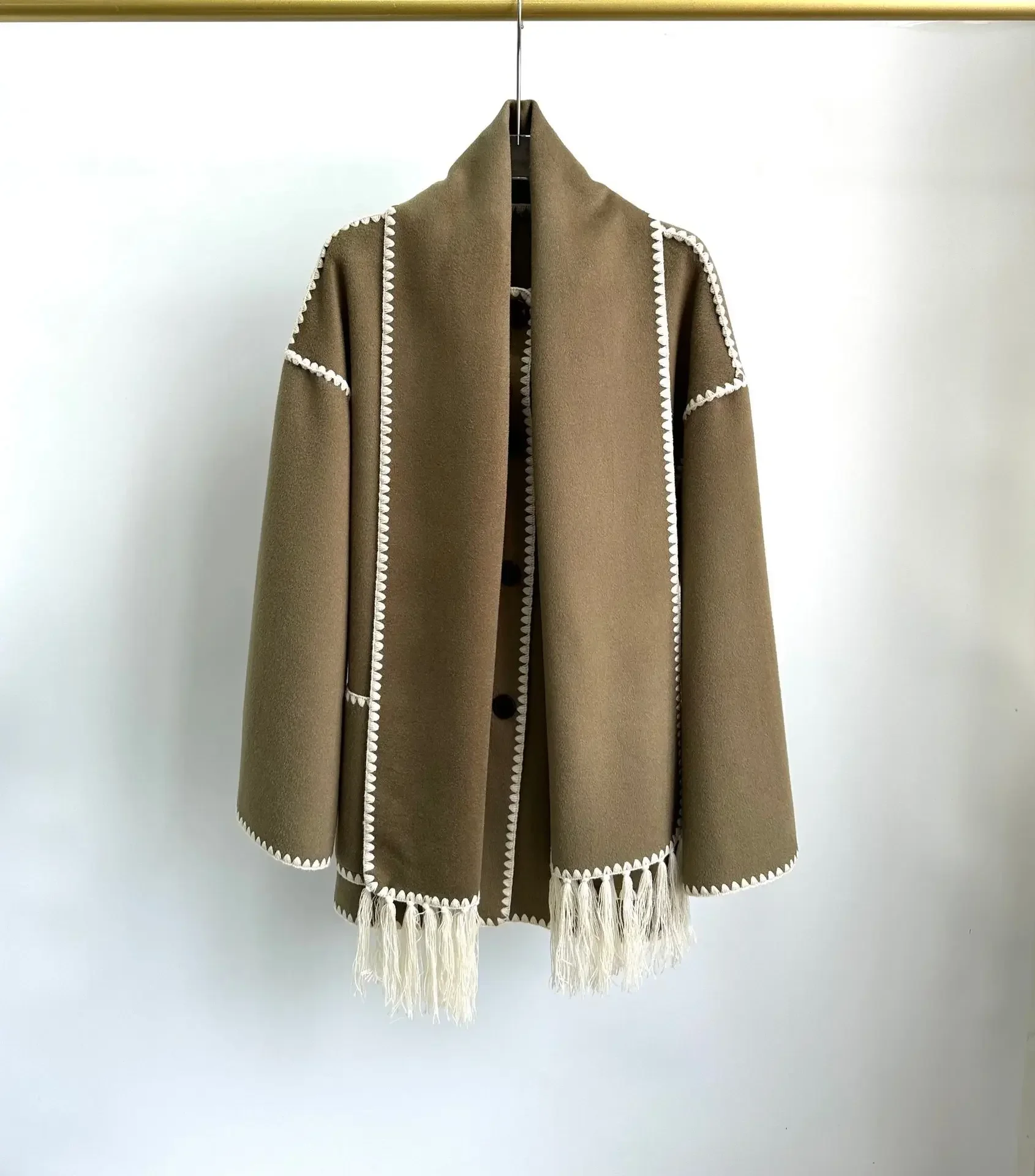 Totem* Fashion vintage Oliva green women\'s wool coat 2024 winter new loose warm tassels Scarf collar two-sided woolen coat