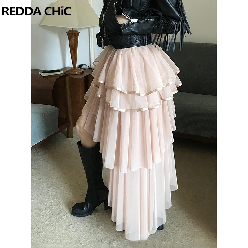 

ReddaChic многоуровневая юбка-пачка с рюшами, розовая нерегулярная фатиновая юбка Hi-Lo с эластичной резинкой на талии, пышная юбка для концерта, дня рождения, женская одежда