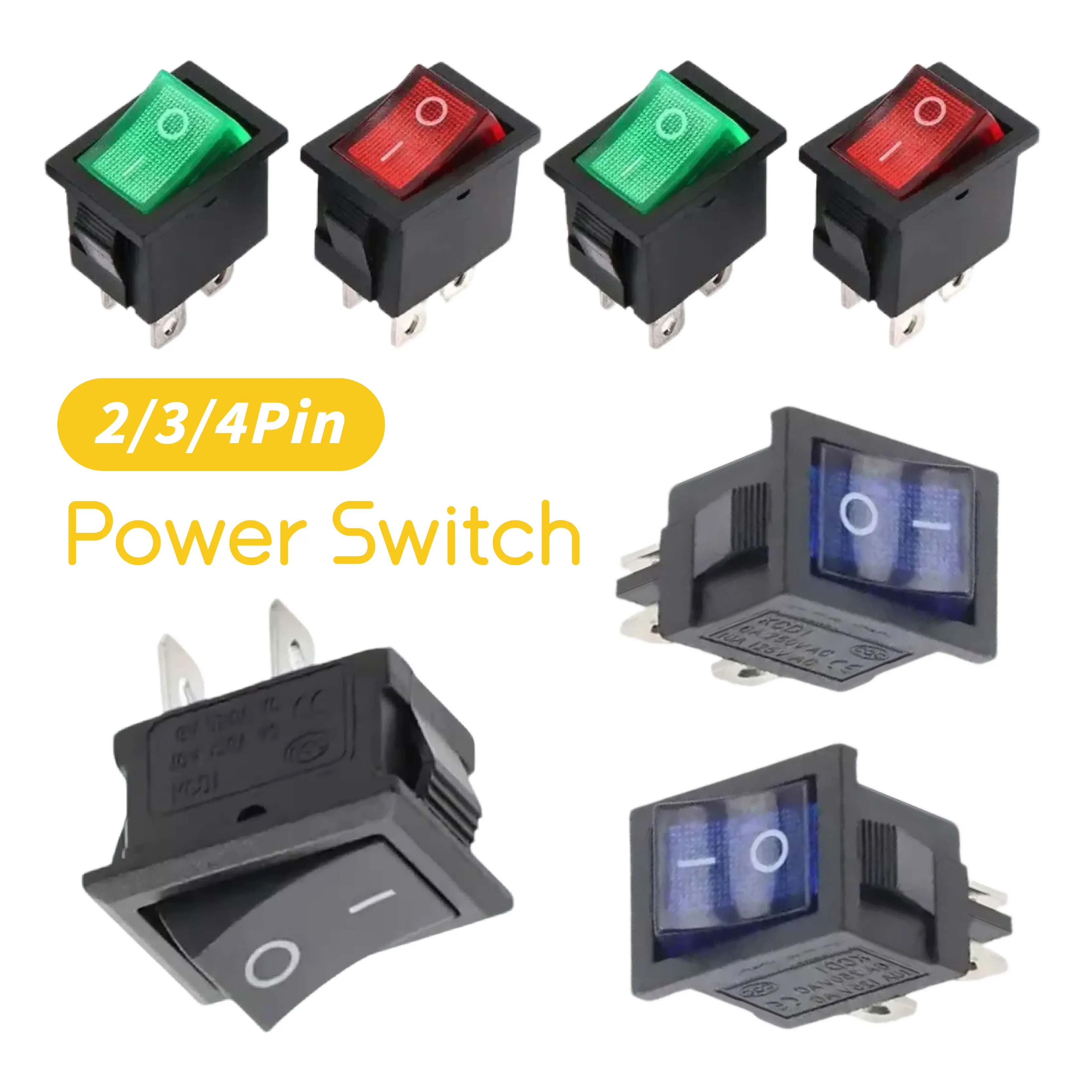 

5 шт. кулисный переключатель вкл.-выкл., 2-позиционный, 2 контакта, 3 контакта, 4 контакта, переключатель корабля со светодиодным источником питания 6A, 250 В, 10 А, 125 В