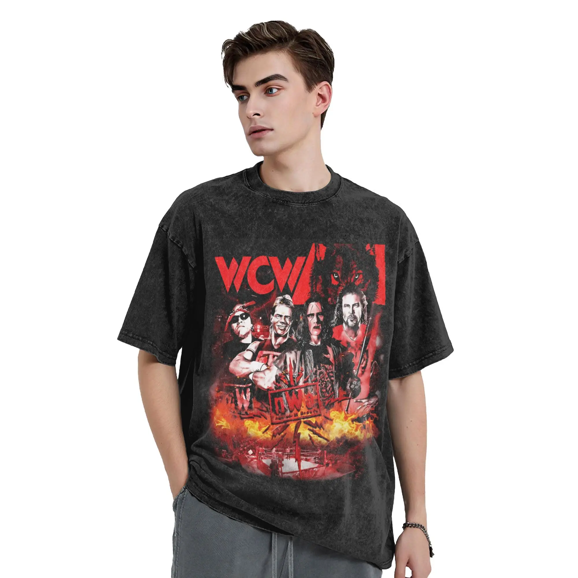 NWO Wolfpac Retro Bootleg Vintage Washed T Shirts for Men Women Cotton Hipster T-Shirt Crew Neck Tees Short Sleeve Tops Printed