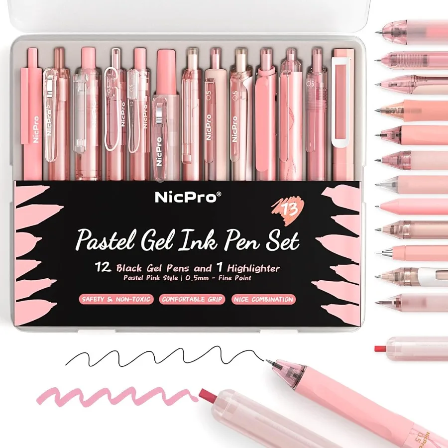 

13 Pack Pink Gel Pens Set Fine Tip Black Ink Pen with 1 Highlighter Cute Pen for Jourling Back to School Office Supplies for Te