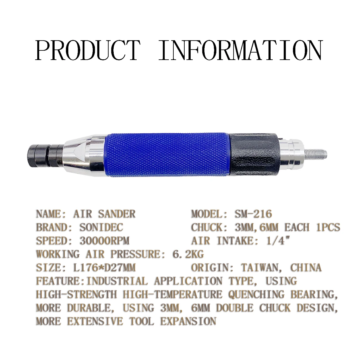 SONIDEC 60000rpm Straight Handle Pen Type Pneumatic Grinder SM-210 SM-216 Air Die Polish Engrave Tool