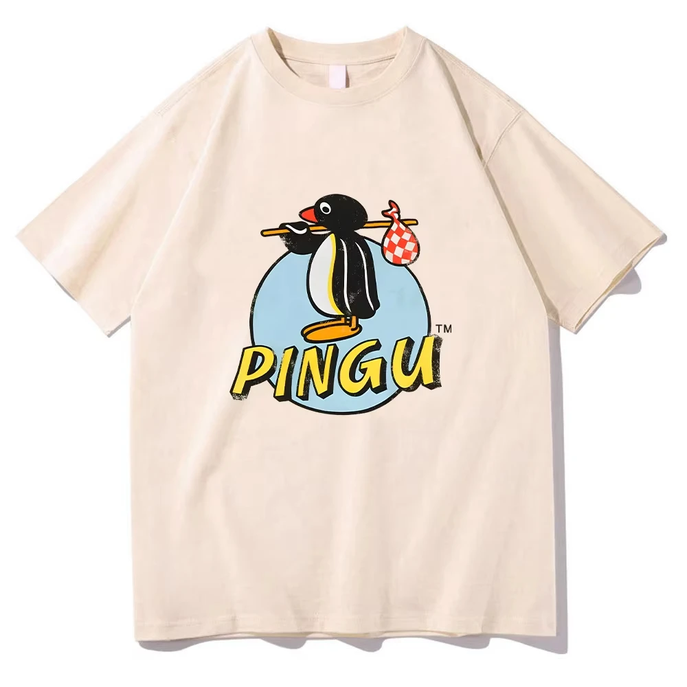 Pingu Classic Logo Natural T-Shirt Women Men Round Neck Penguin Tee Shirt Harajuku Clothes Classic Comfortable Chic Y2K Clothing