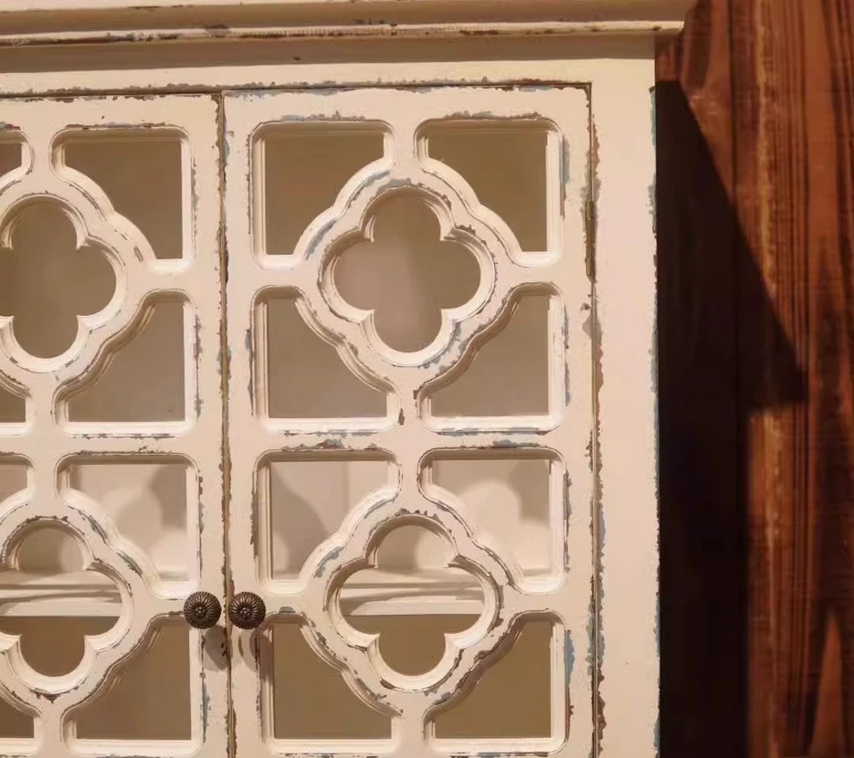 French Vintage Retro White Wooden Wall Storage Cupboard with Glass Doors