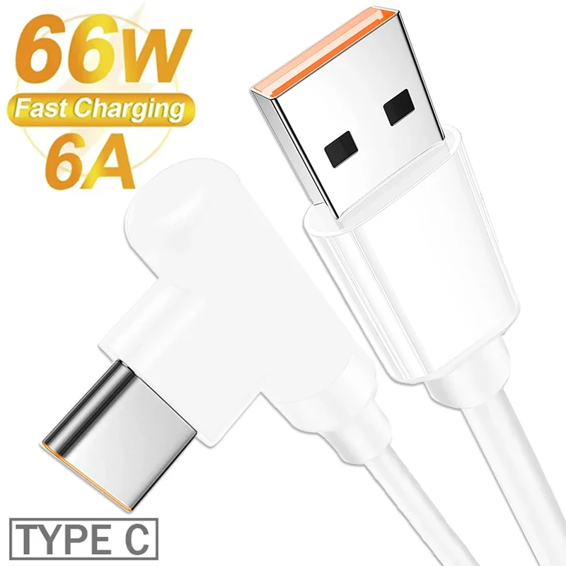 66W 6A High-speed Charging Data Cable USB Type C 90 Degree Elbow Charger Wire Cord for Samsung Huawei Xiaomi Android 2M/1.5M/1M