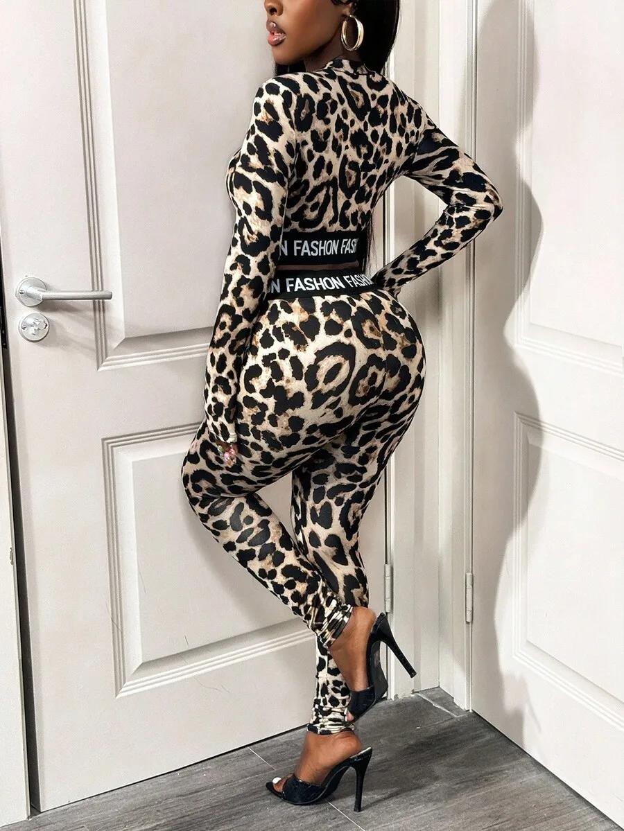 레오파드 프린트 2피스 여성용 매칭 세트, '패션' 허리밴드, 긴팔 크롭탑 & 레깅스