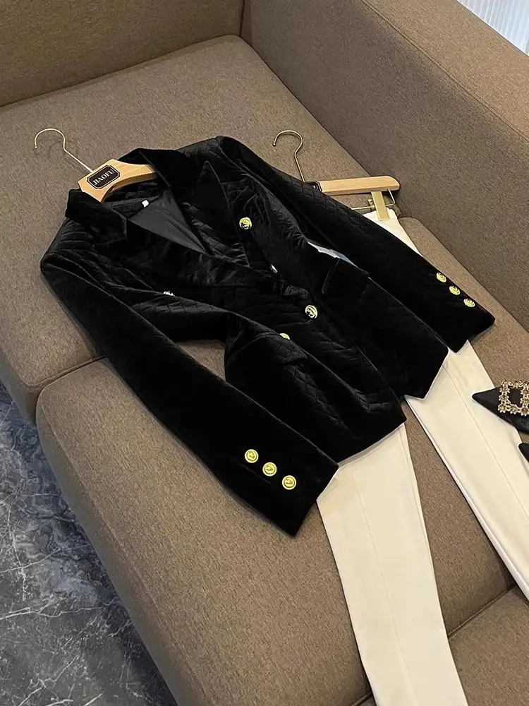 

Faionable Metal Lion Button Velvet Suit Jaet Double ket Slim Fit Commute Sle Long Sve Regular Length Pure Color