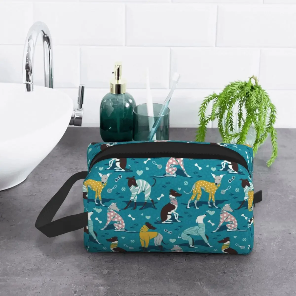 Trousse de toilette portable pour chien lévrier mignon, trousse de maquillage cosmétique pour animaux de compagnie, trousse de rangement de beauté,