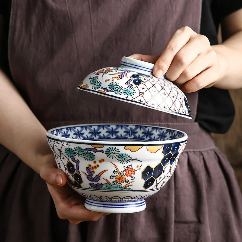 Japanese Ceramic Bowl With Cover Soup Noodle Rice Bowl Steamed Egg Stew Bowl For Household Kintchen