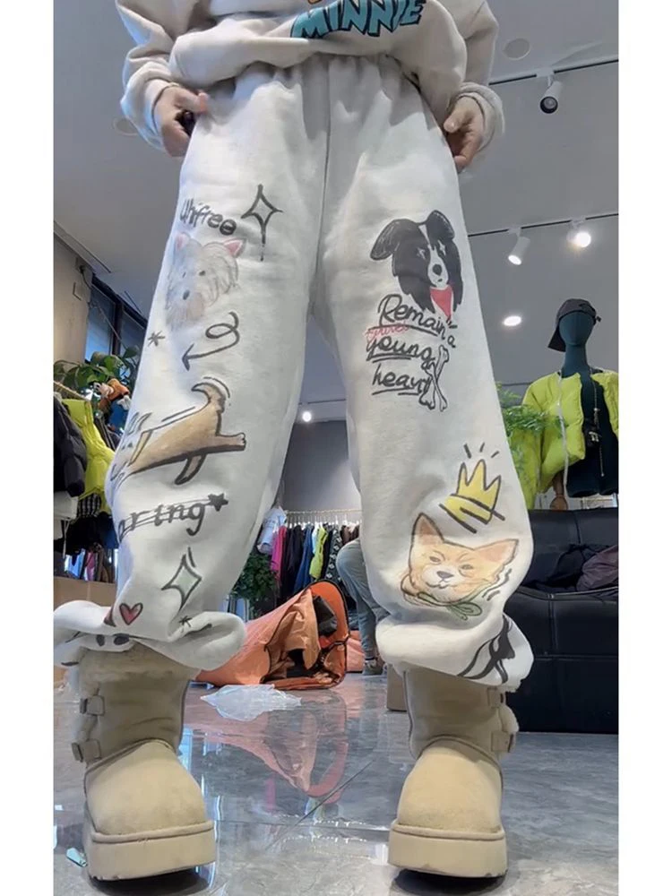 플러스 사이즈 여성용 안감 있는 프린트 탄력 허리 캐주얼 팬츠 하이웨이스트 스트레이트 레그 팬츠 패셔너블 슬리밍 롱 팬츠