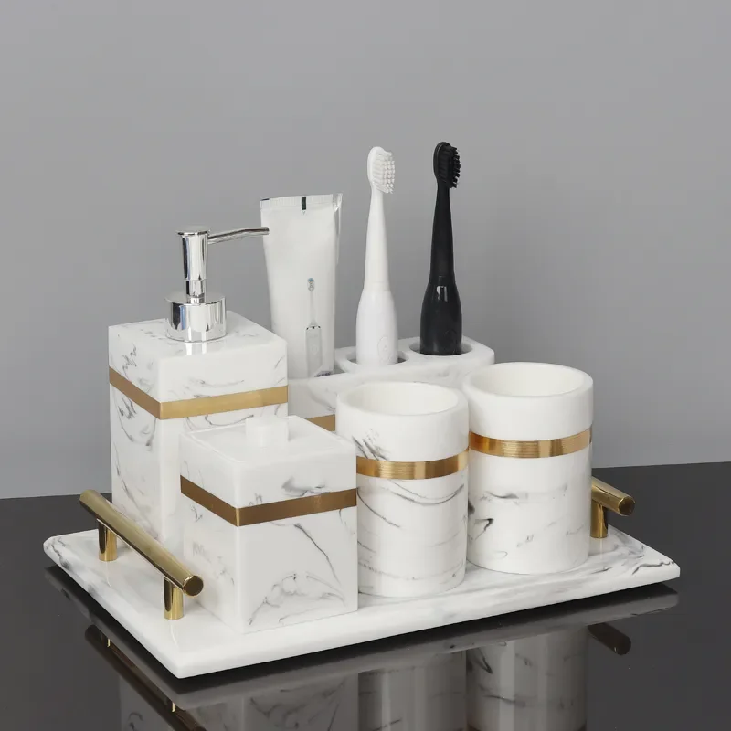 Nordic Natural Resin Bathroom Accessories Kit Lotion Bottle Mouth Cup Soap Dish Toothbrush Holder Tissue Box Cotton Swab