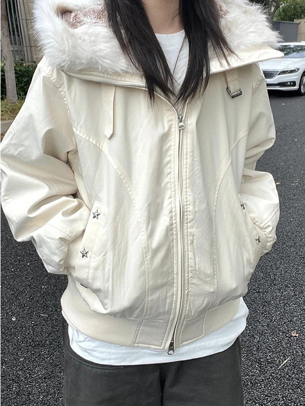 Thickened Cotton Jacket with Fur Collar Hooded Warm Multi-Functional Casual Vintage Style Peach Color College Style Women's Coat